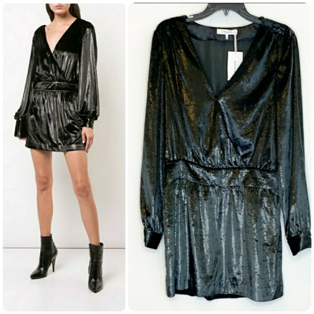 FRAME wrap  effect metallic velvet mini dress